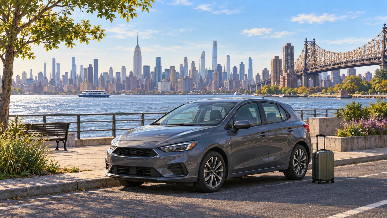 LaGuardia car rental illustration showing an unbranded car by the Queens waterfront with Manhattan in the distance.