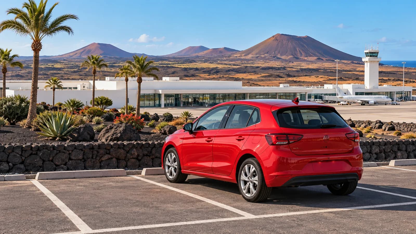Illustration of a red compact car parked at a conceptual Lanzarote airport bay with volcanic hills beyond