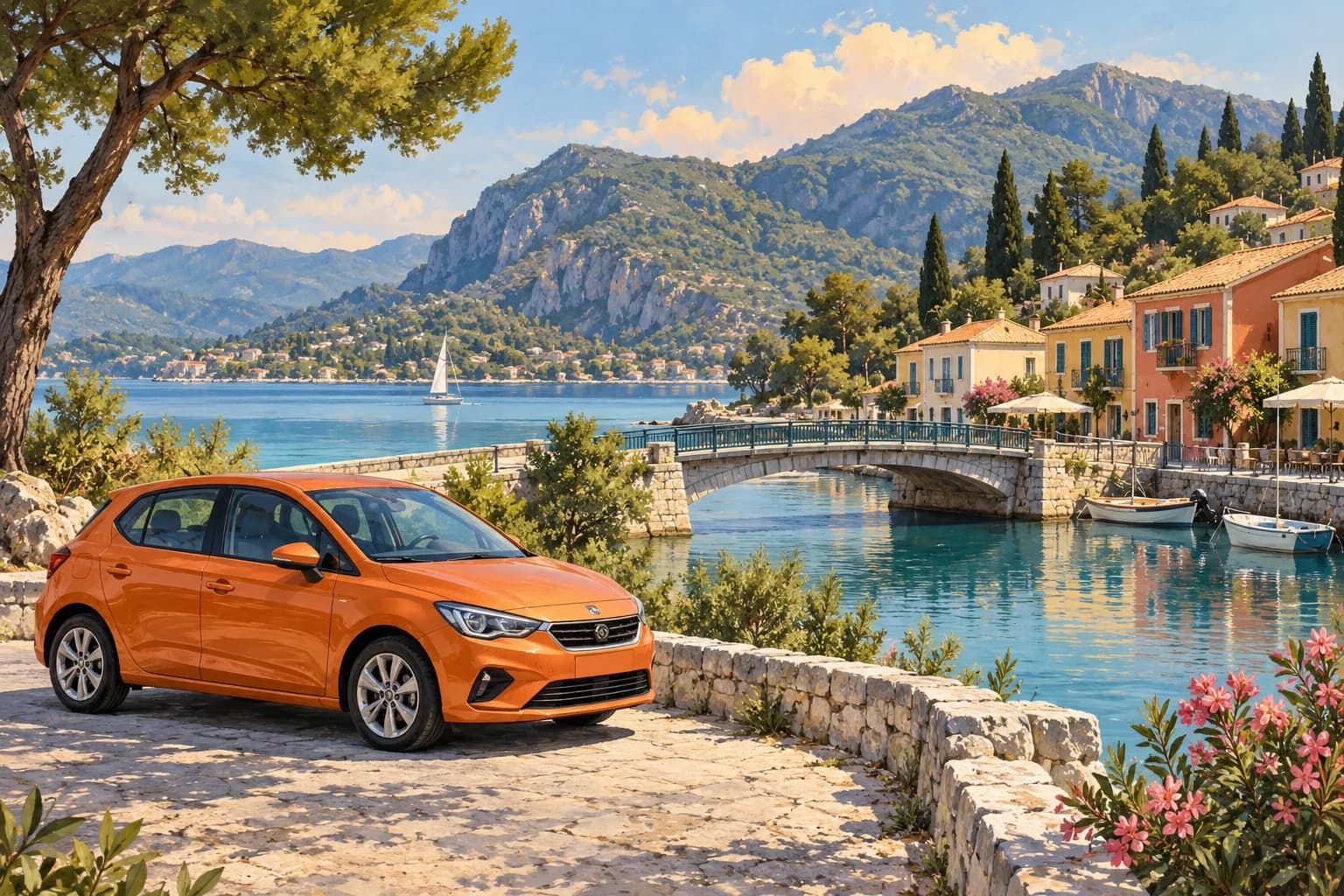 Lefkada car hire illustration showing an orange compact rental car at a paved coastal lookout, waterfront buildings and green Greek hills.