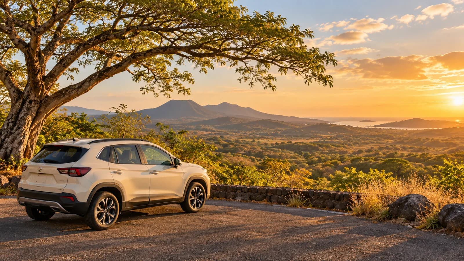 Guanacaste travel illustration with a cream SUV beside a broad tree and dry forest hills at sunset.