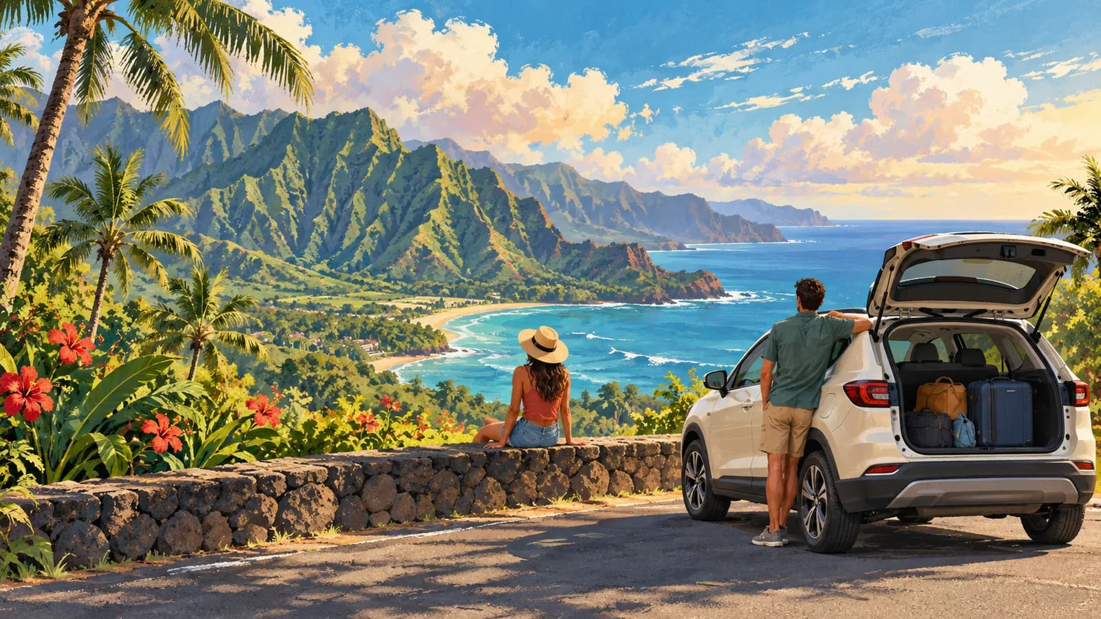 Kauai travel illustration showing a cream rental SUV and travellers with luggage beside a paved road, lush ridged mountains and the coast.