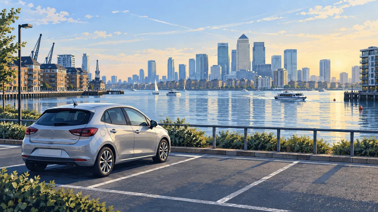 London City travel illustration showing a silver rental hatchback parked beside dock water with boats and the Canary Wharf skyline beyond.
