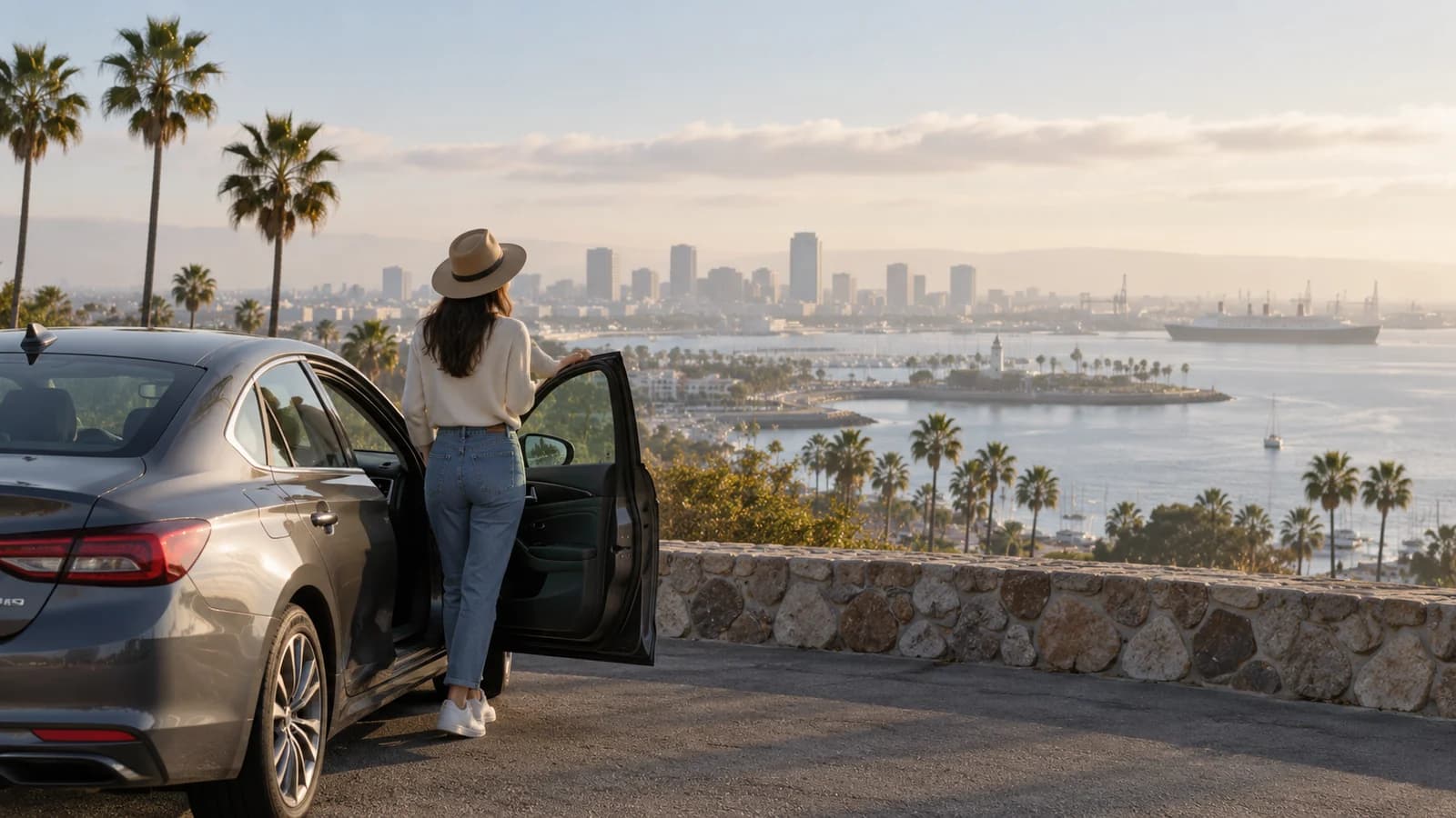 Illustration of an unbranded rental car beside the Long Beach coast in California.