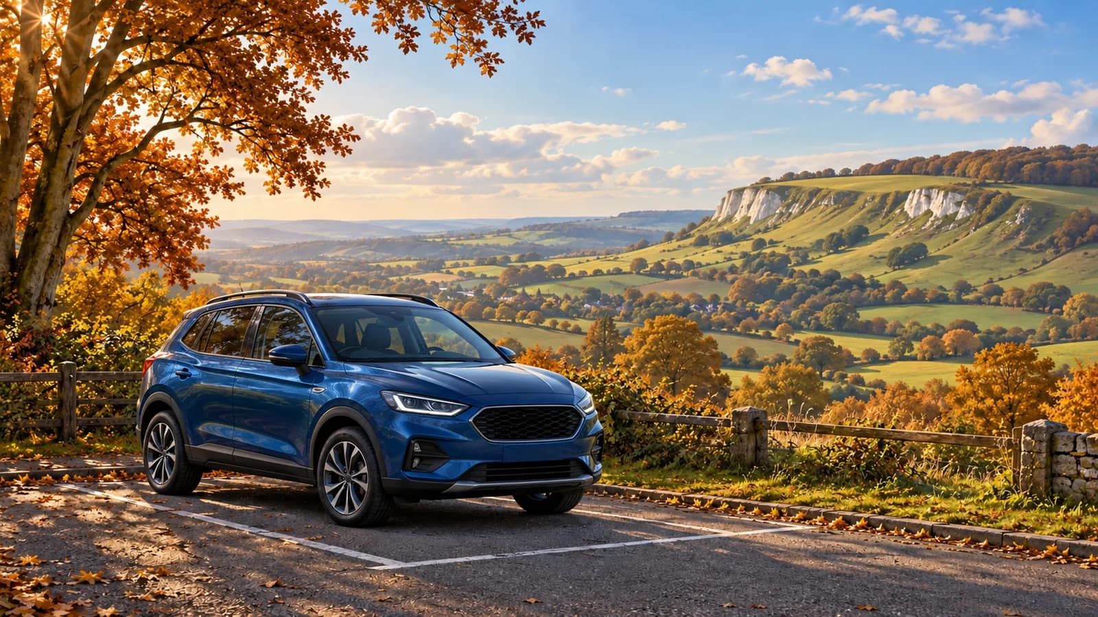 Luton travel illustration showing a blue rental SUV in a paved countryside parking bay overlooking the Chiltern hills and autumn beech trees.
