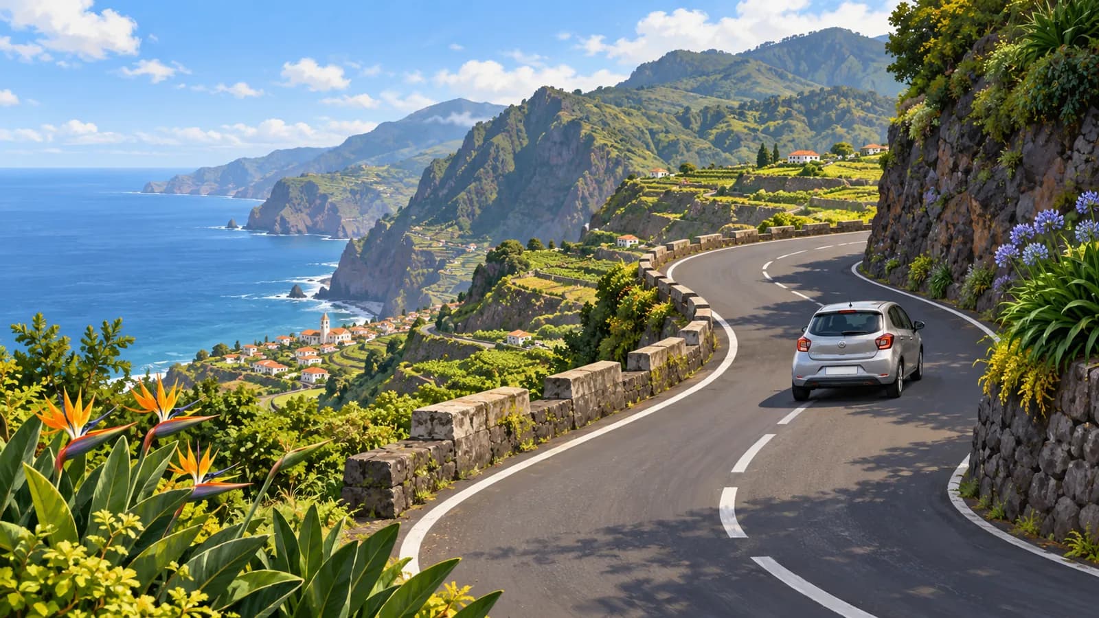 Illustration of a compact hire car on a winding paved Madeira hillside road above the Atlantic