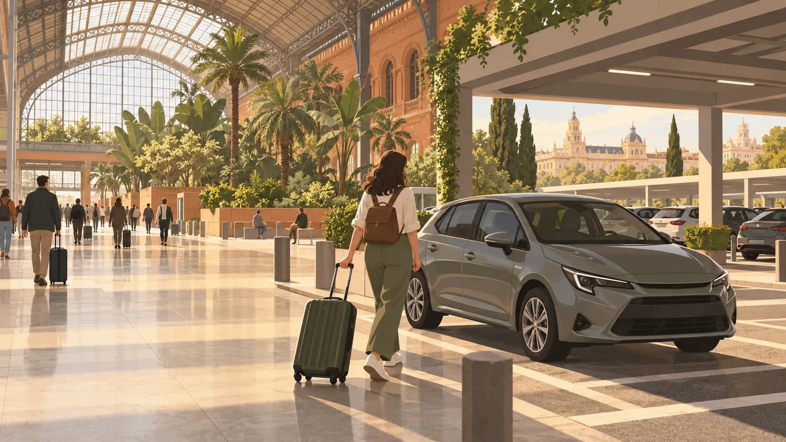 Conceptual Madrid Atocha illustration showing a traveller with a suitcase beside a car near a leafy rail concourse