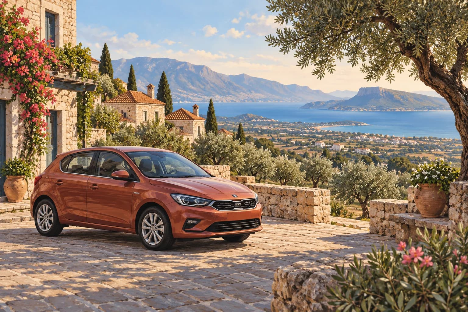 Malia car hire illustration showing a coral compact rental car at a broad paved turnout, olive trees, stone buildings and the blue Crete coast.