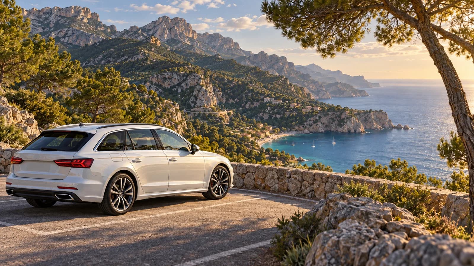 Mallorca car hire illustration showing a white estate car at a pine-lined mountain overlook above a Mediterranean cove.