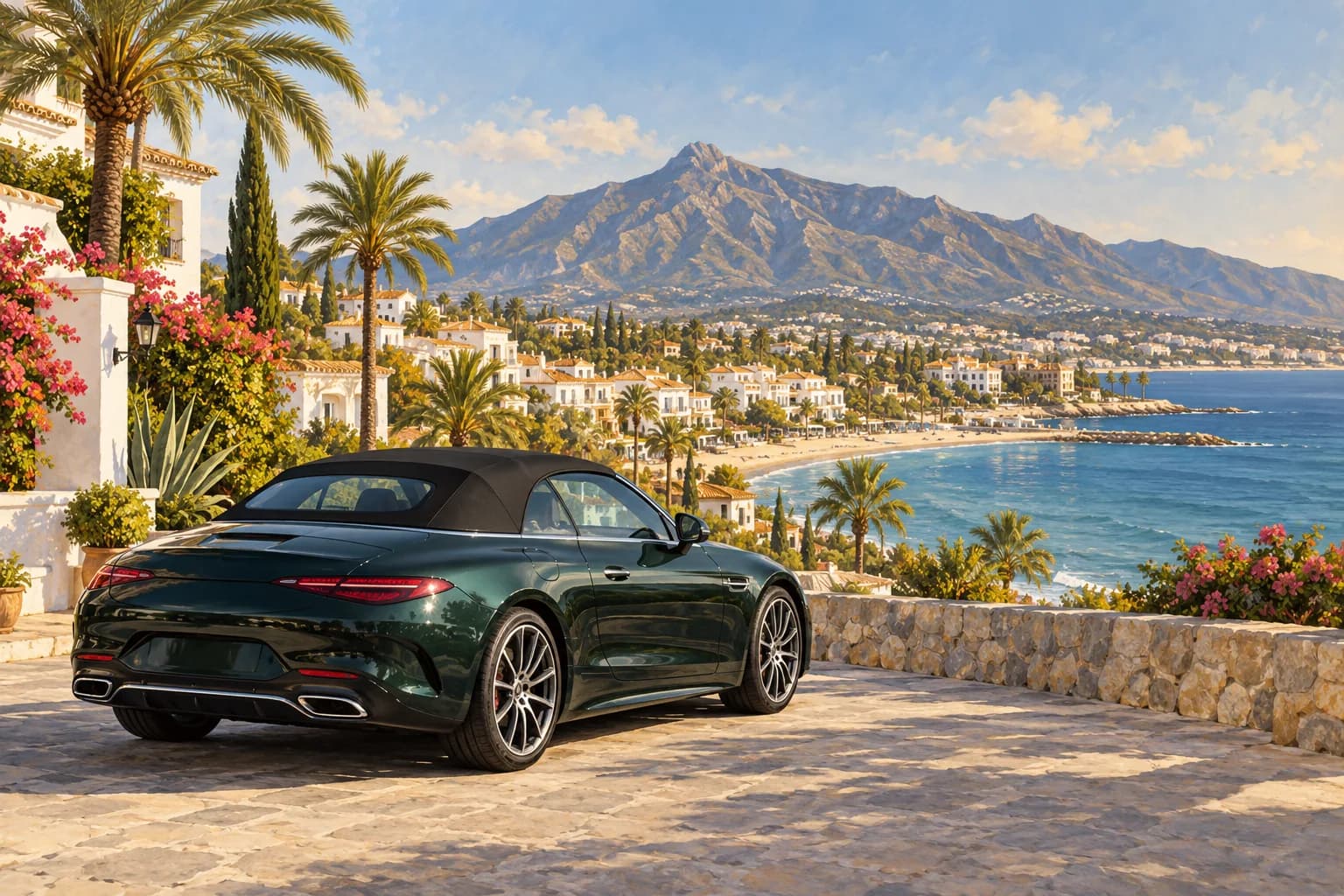 Marbella car hire illustration showing a dark green convertible at a paved coastal lookout, palm-lined waterfront and mountains beyond.