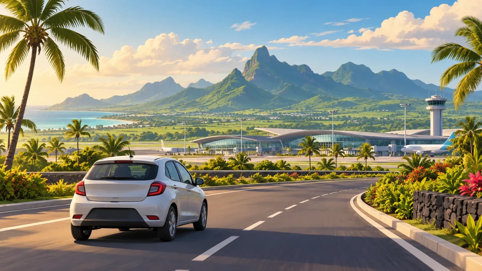 Conceptual illustration of a compact car on a Mauritius airport approach with green mountains beyond.