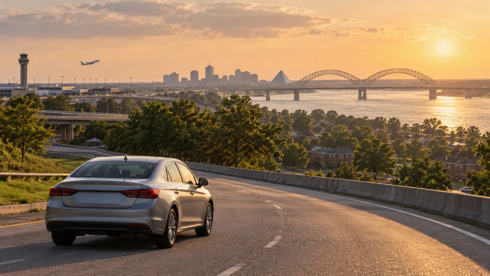 Memphis rental car illustration with an unbranded car near a distant Mississippi River bridge.