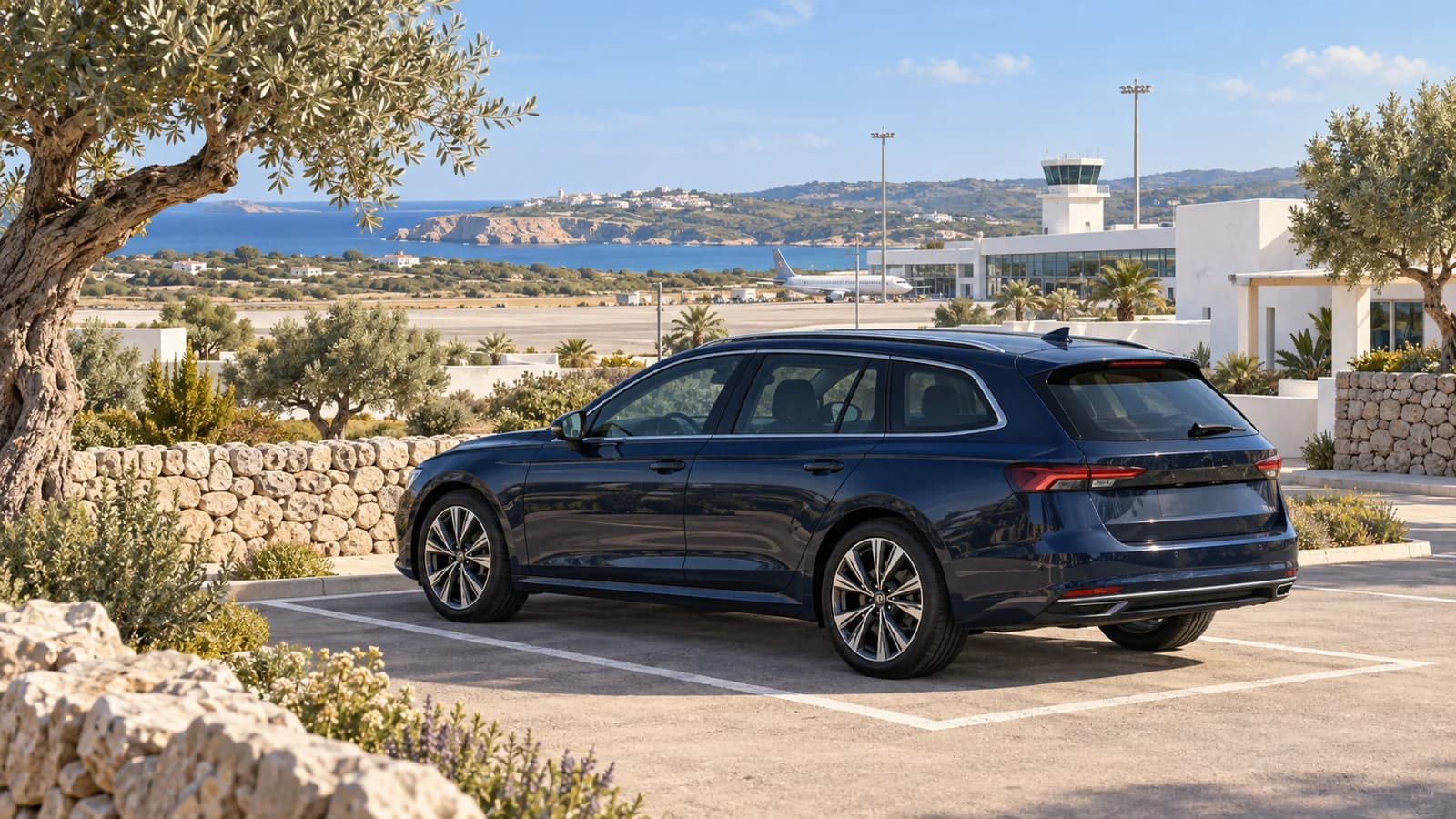 Illustration of a navy estate car in conceptual Menorca airport parking beside olive trees and dry stone walls