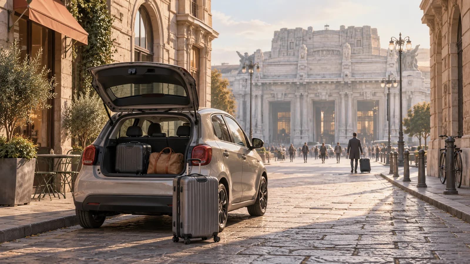 Illustration of an unbranded hire car with luggage near a grand Milan railway station