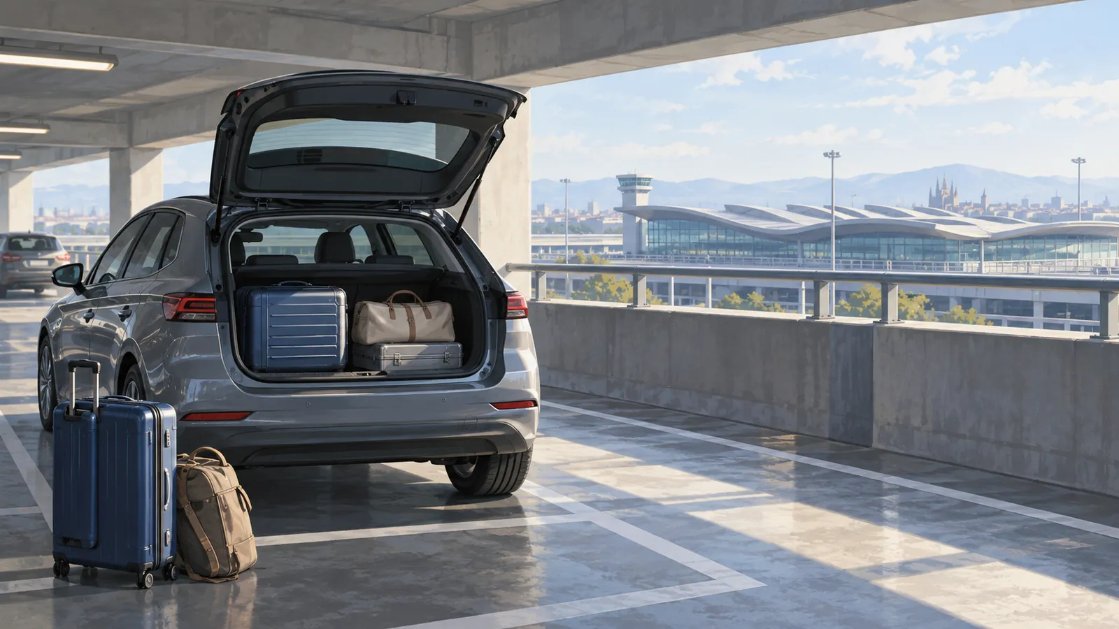 Illustration of an unbranded hire car with luggage in a generic airport parking garage