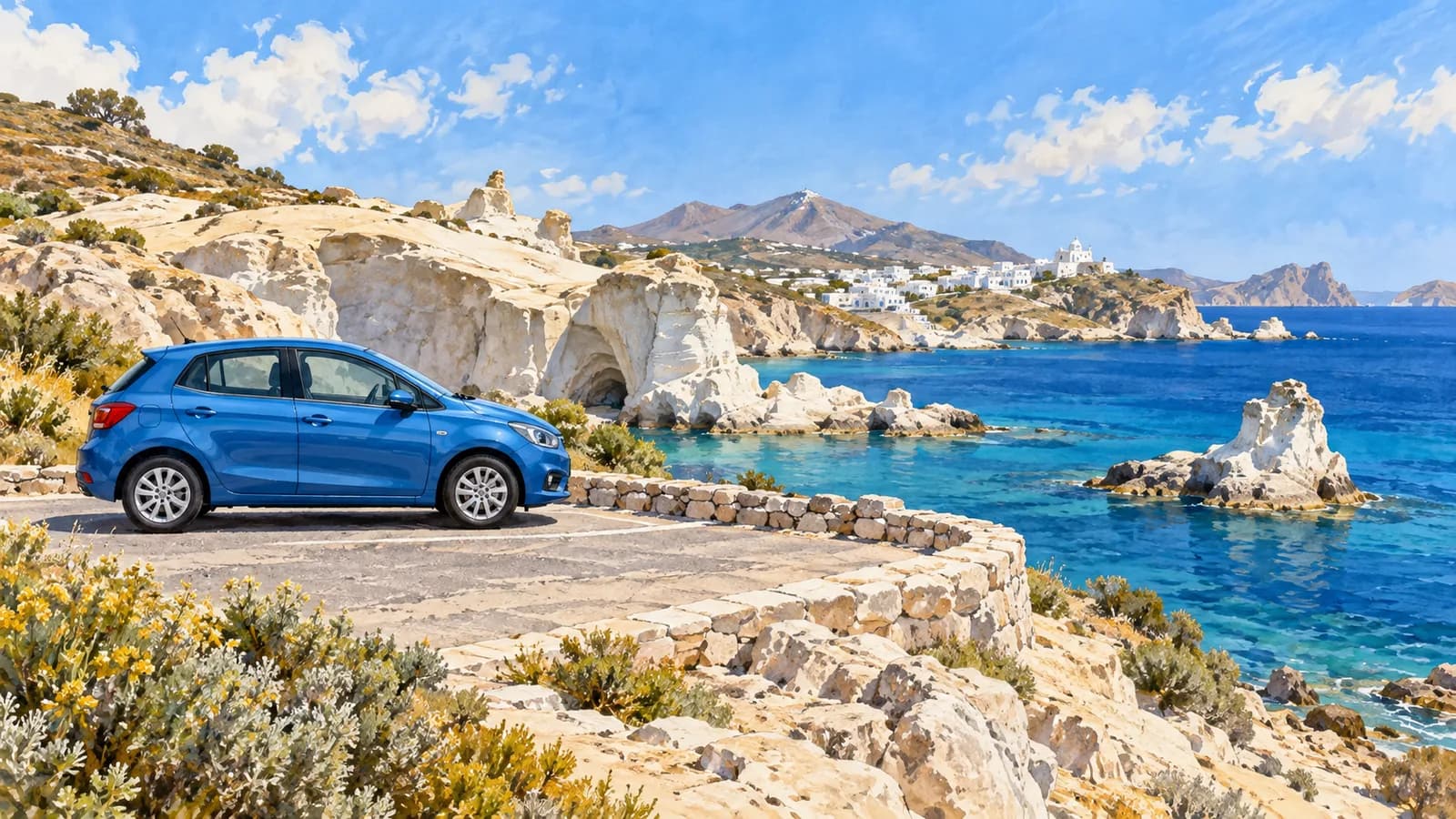 Milos illustration of a small blue car on a paved island road beside pale volcanic coast