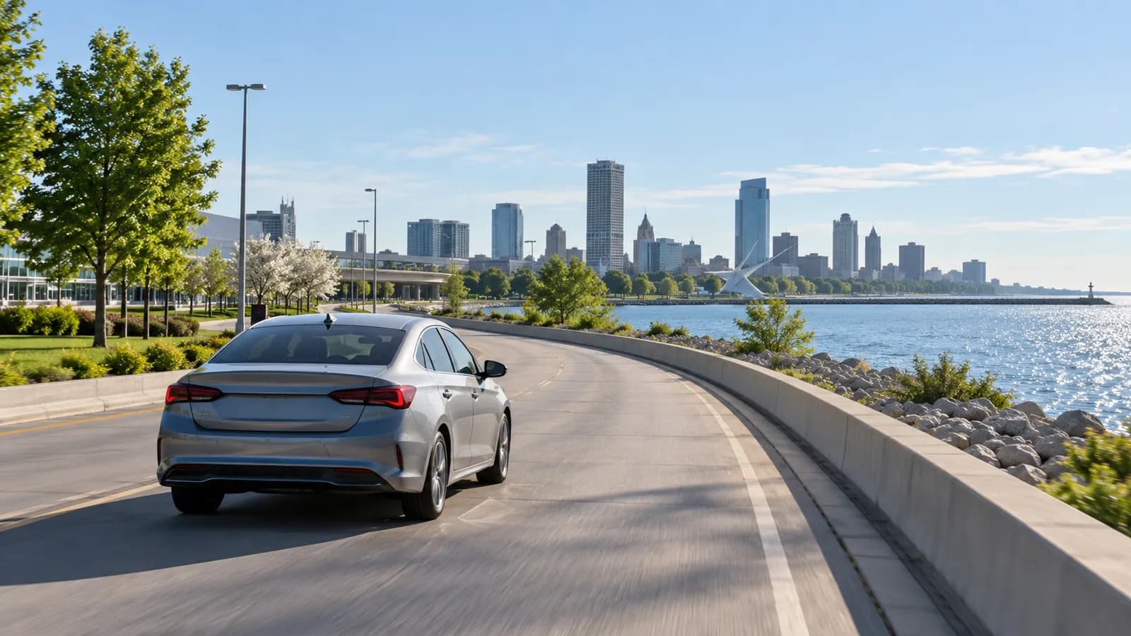 Milwaukee rental car illustration with an unbranded car near Lake Michigan and a distant skyline.