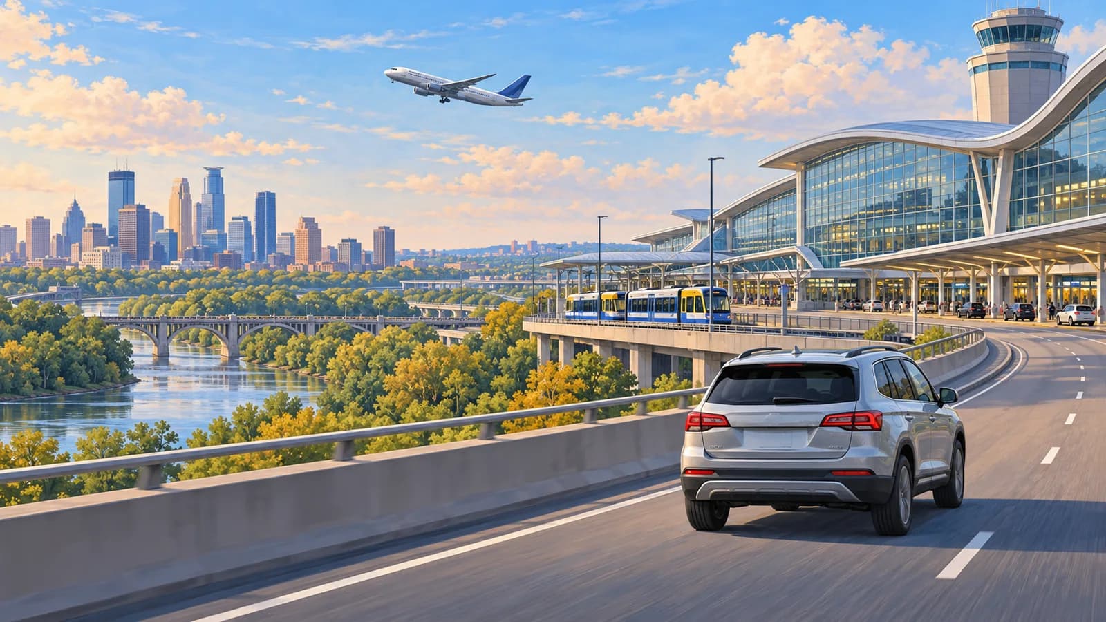 Conceptual Minneapolis–Saint Paul travel illustration showing a silver rental SUV beside an airport terminal and light rail, with river terrain and the city skyline.