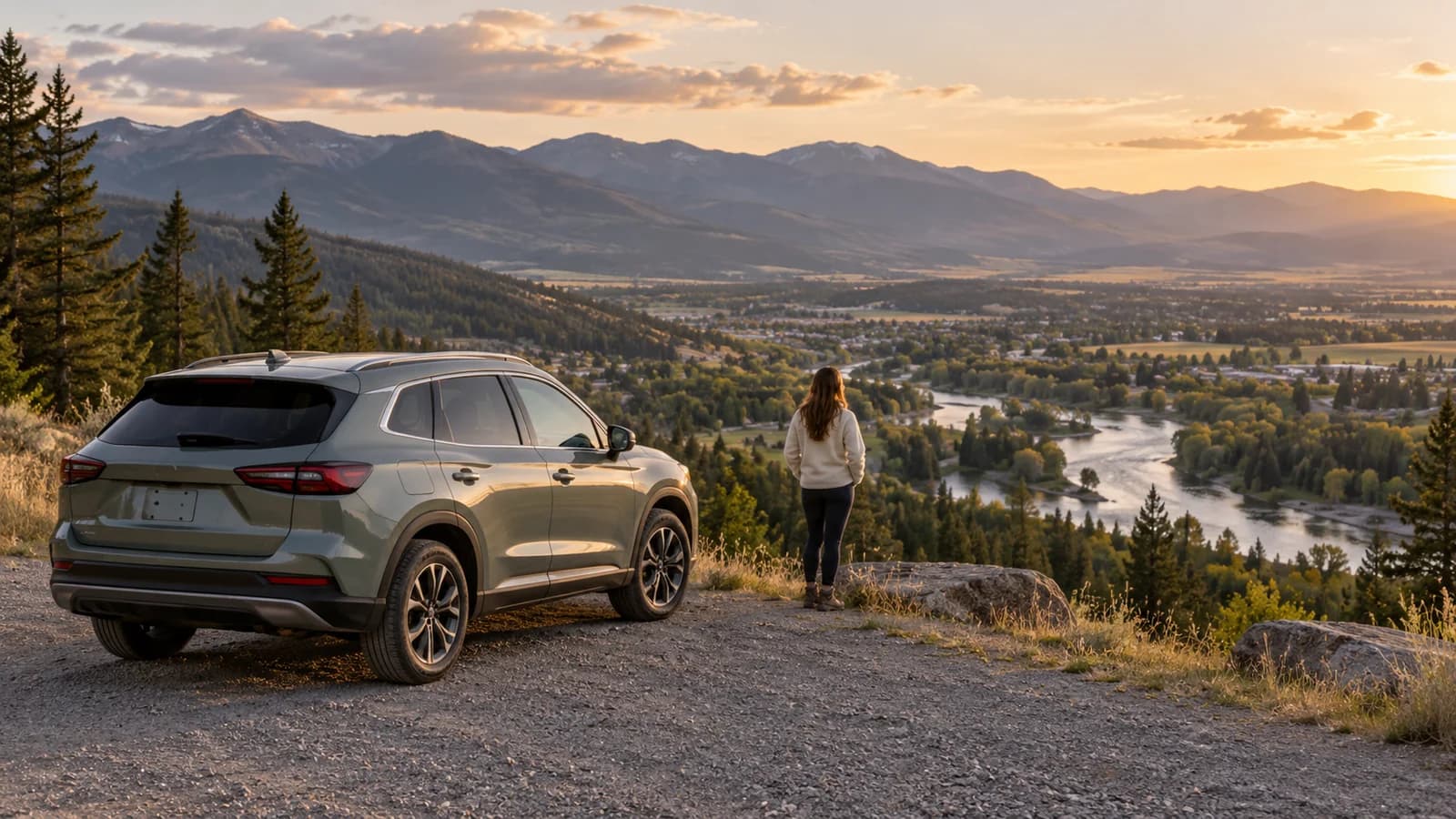 Illustration of an unbranded rental car overlooking a western Montana valley near Missoula.