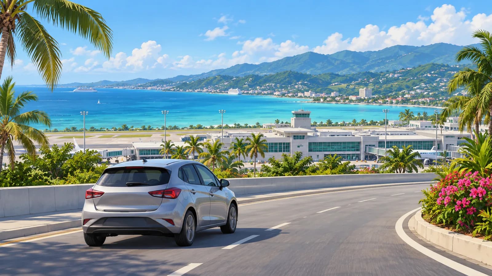 Conceptual illustration of a compact car on a paved Montego Bay airport approach with the bay and green hills beyond.