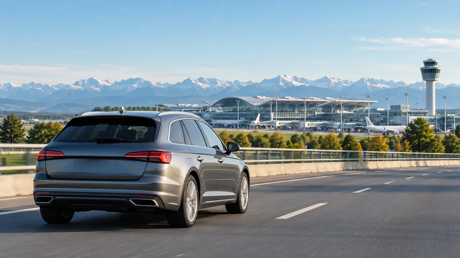 Conceptual Munich Airport travel illustration showing a silver car on a paved approach road, with an airport and mountains beyond.