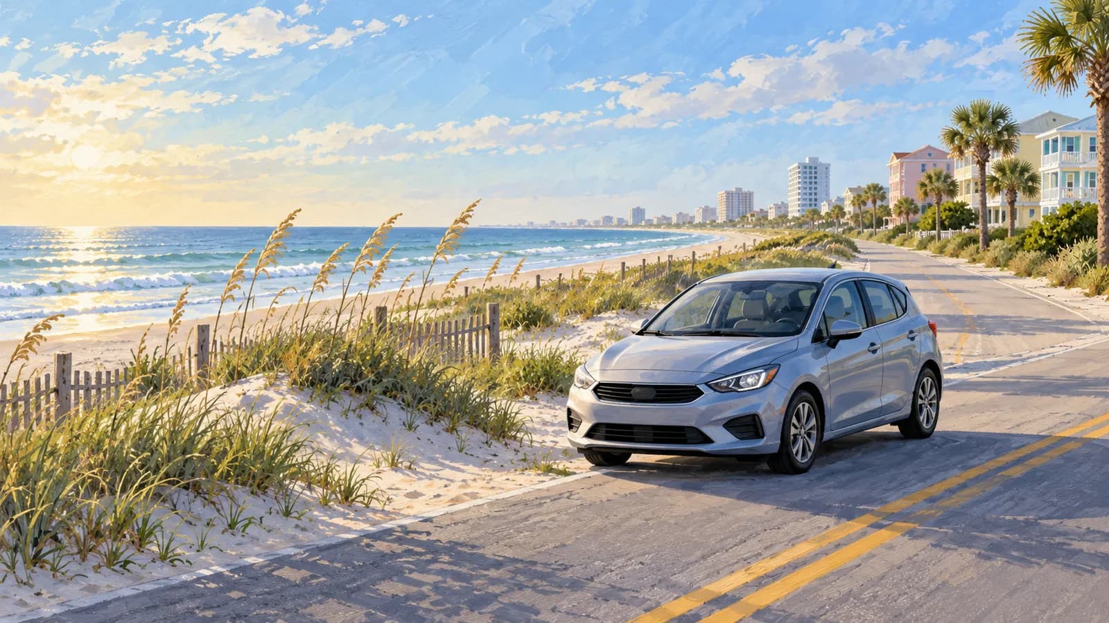 Myrtle Beach car rental illustration showing an unbranded car beside dunes and an Atlantic beachfront road.