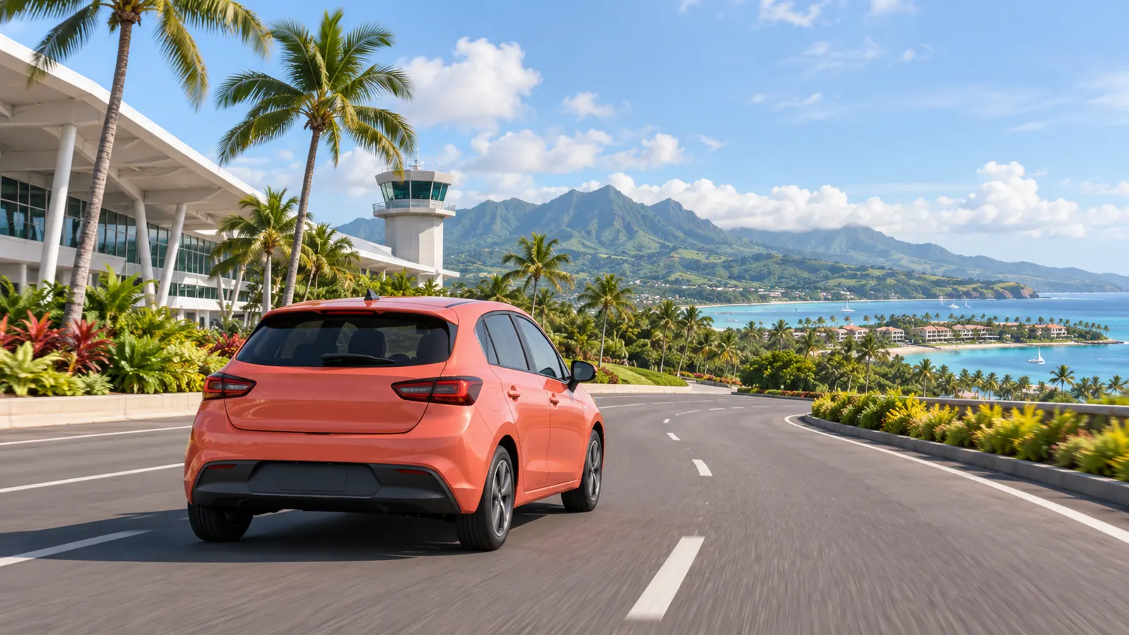 Conceptual Nadi airport travel illustration showing a coral car, tropical palms and Viti Levu hills.