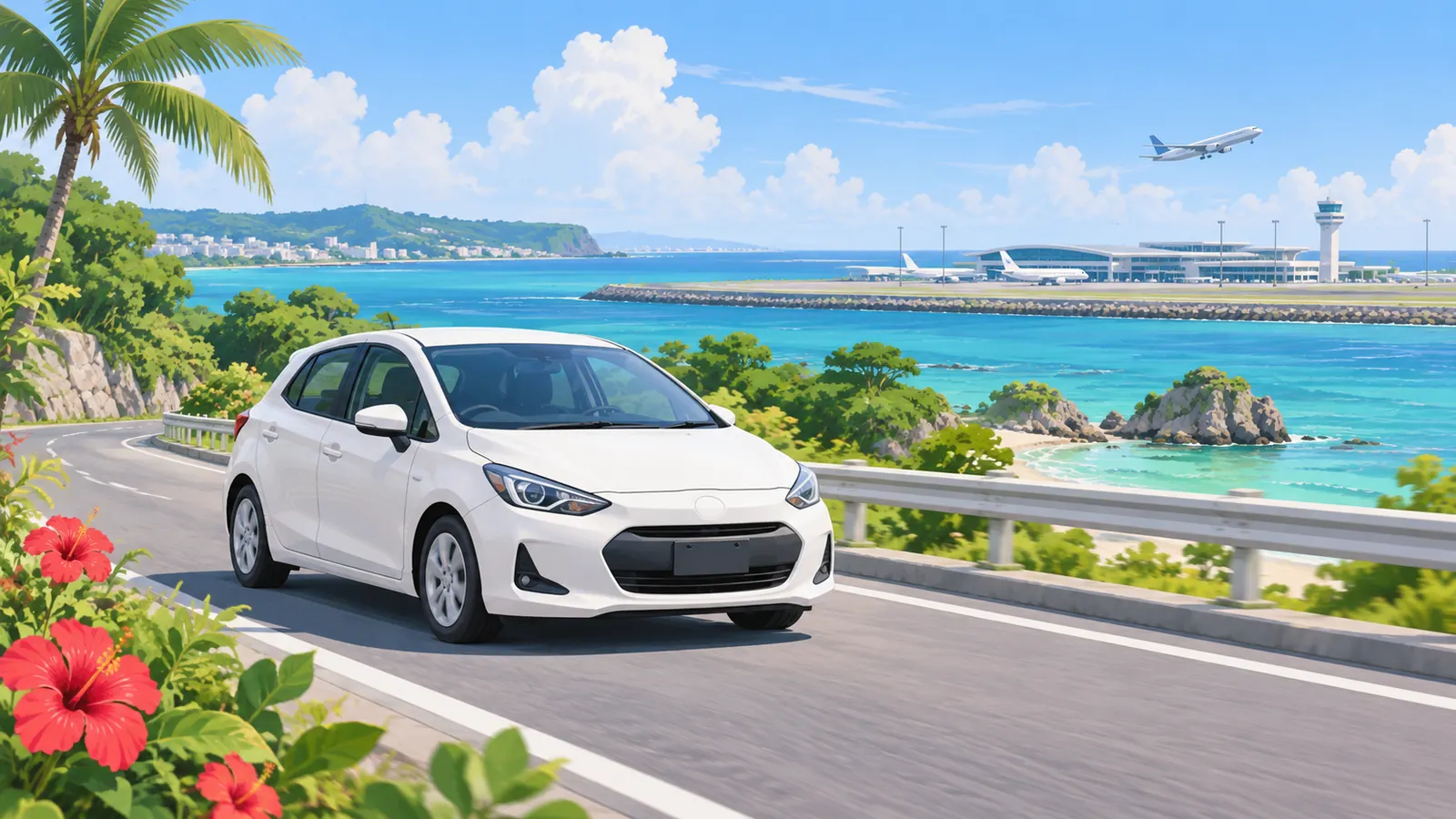 Conceptual Naha airport travel illustration showing a white car on a paved Okinawan coastal road.