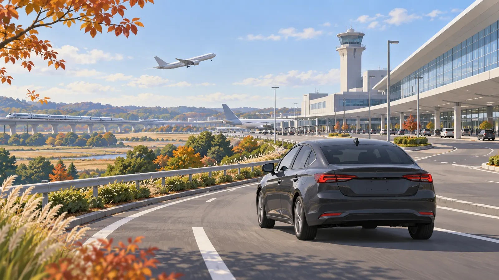 Conceptual Narita airport travel illustration showing a charcoal car, terminal and rail viaduct in Chiba.