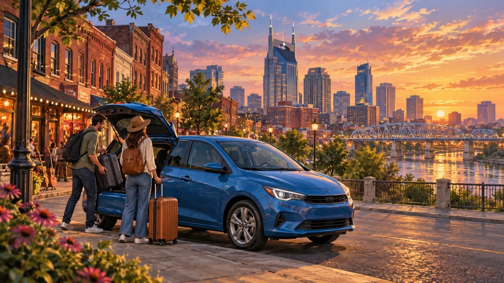 Nashville airport car rental illustration showing travelers loading a blue car near a brick streetscape, river and sunset skyline.