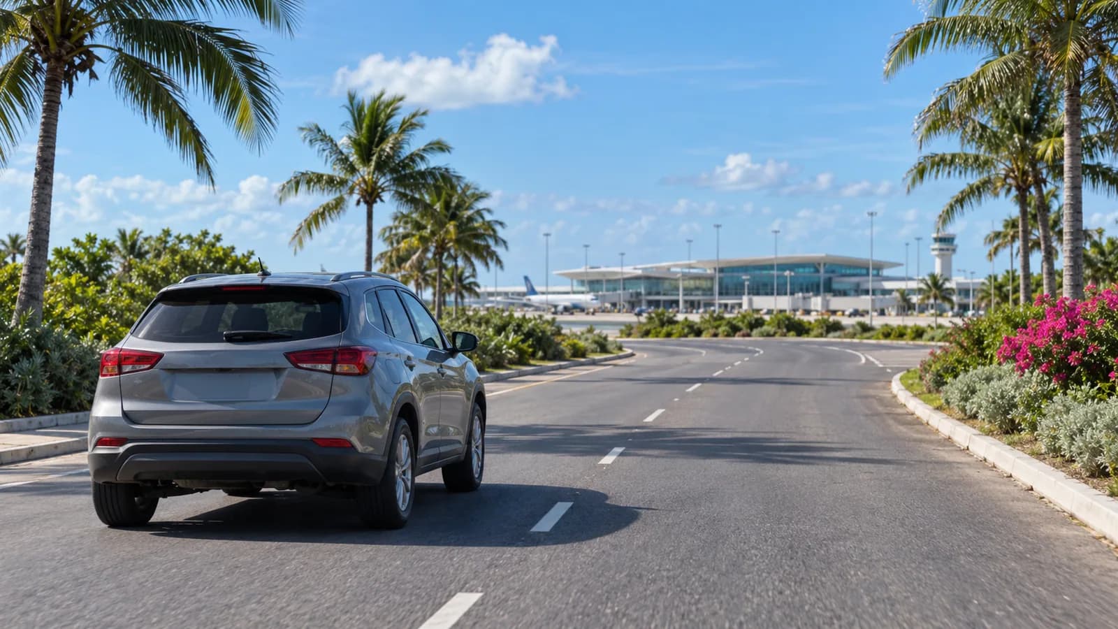 Nassau Airport car rental illustration showing an unbranded SUV on a tropical island approach road.