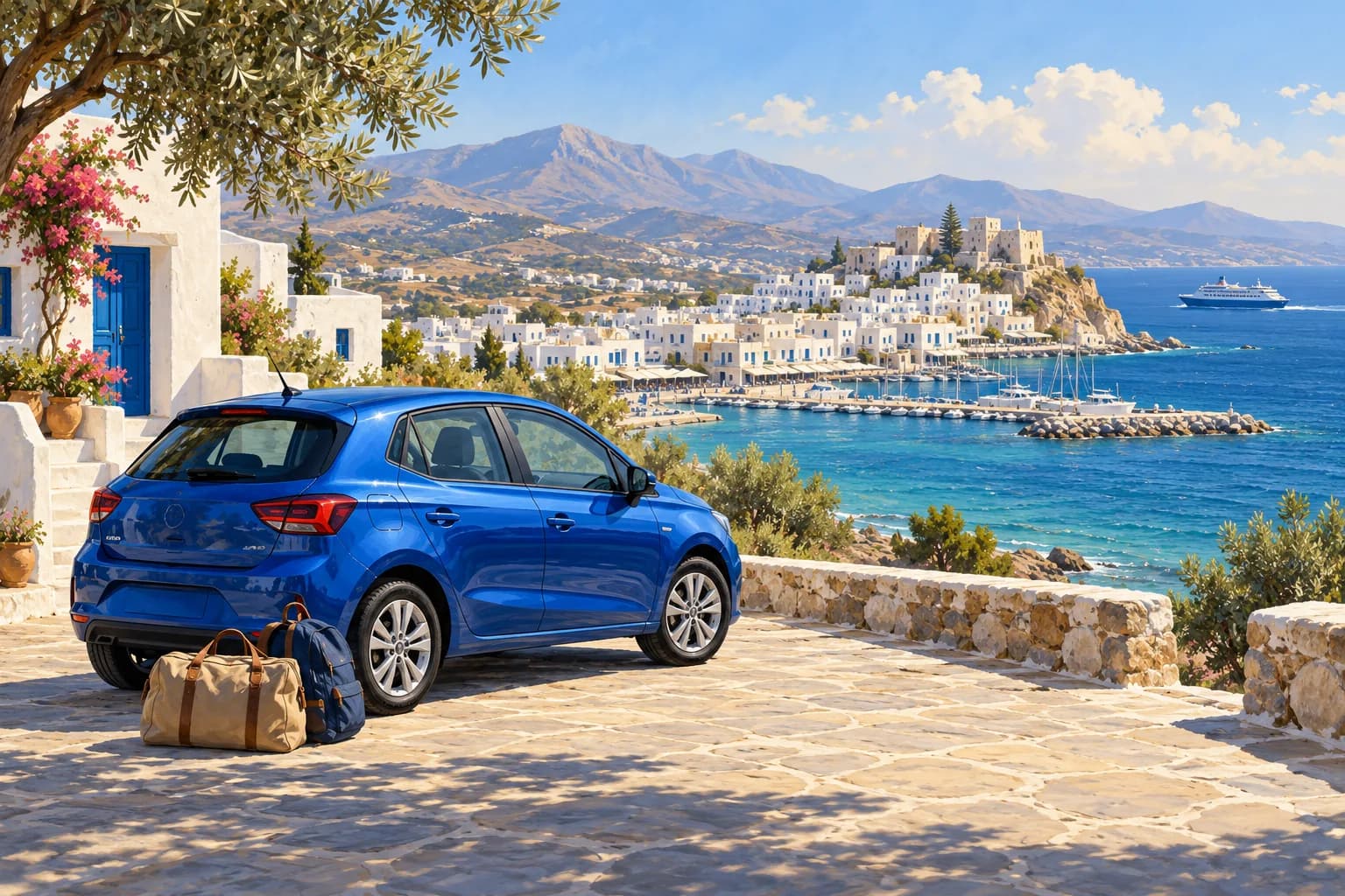 Naxos car hire illustration showing a blue hatchback and travel bags above white island houses, a harbour ferry and inland hills