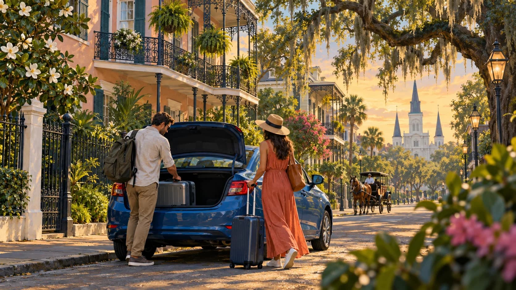 New Orleans airport car rental illustration showing travelers loading a blue car on a leafy street with iron balconies.