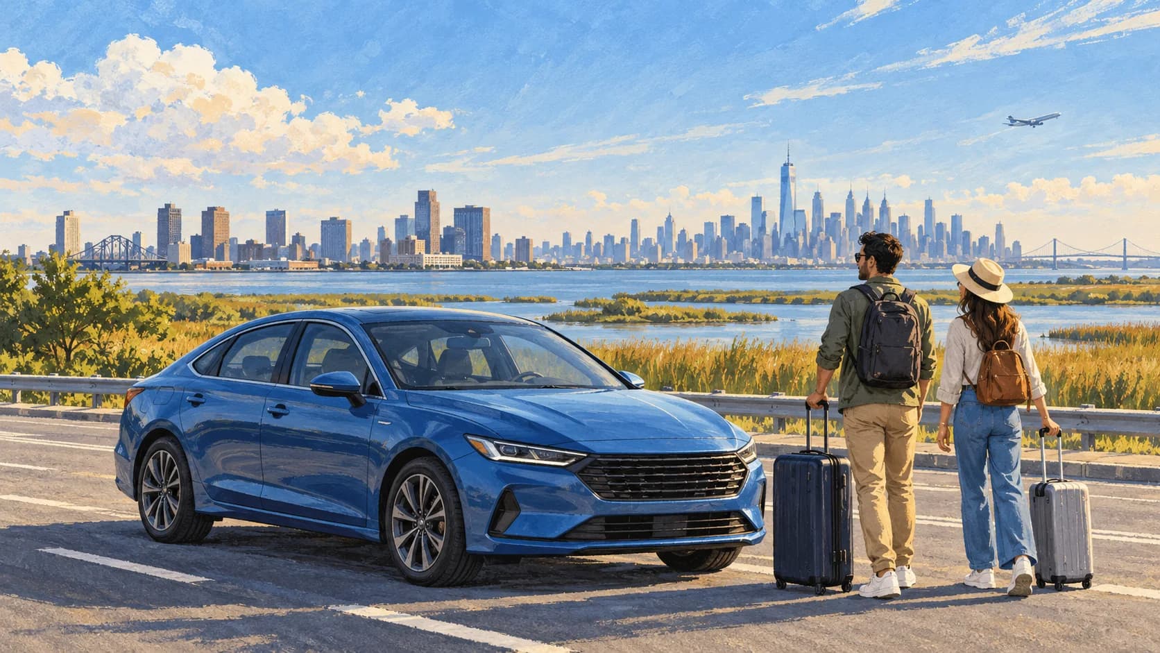 Newark car rental illustration showing a blue car and two travelers near marsh grasses with the New York skyline across the water.