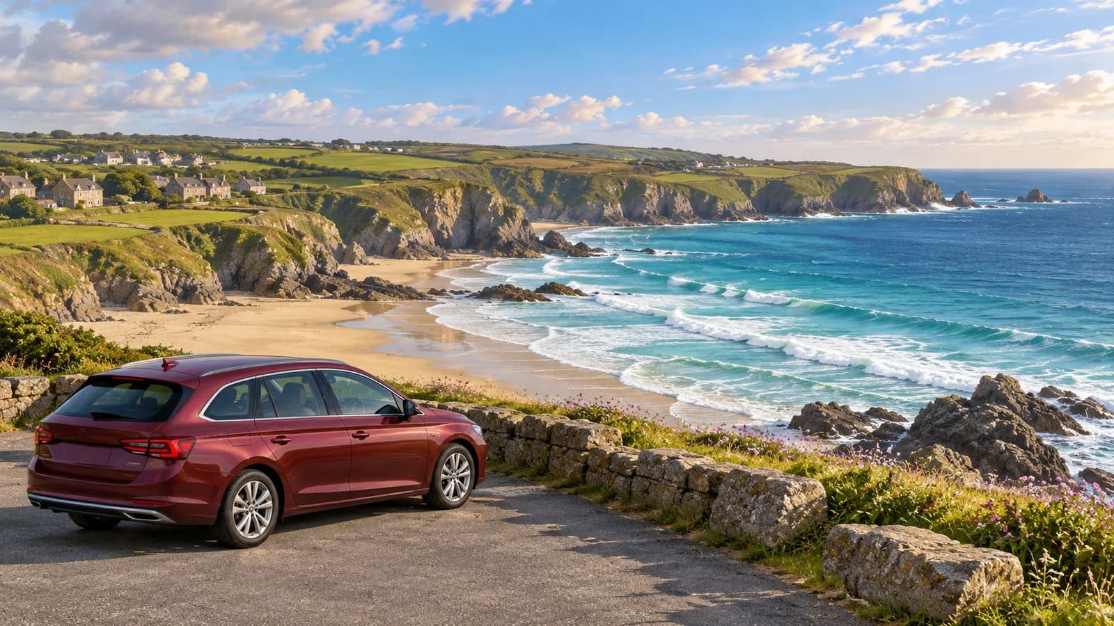 Cornwall travel illustration showing a burgundy rental estate car parked beside a stone wall above an Atlantic cove, grassy cliffs and Cornish houses.