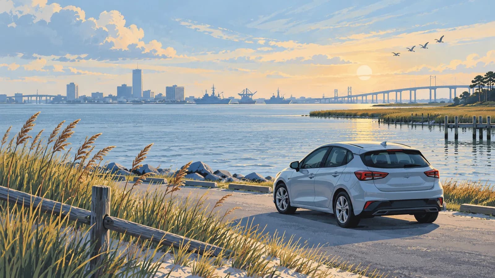 Norfolk Virginia car rental illustration showing an unbranded car beside a quiet Chesapeake harbor and distant bridge.