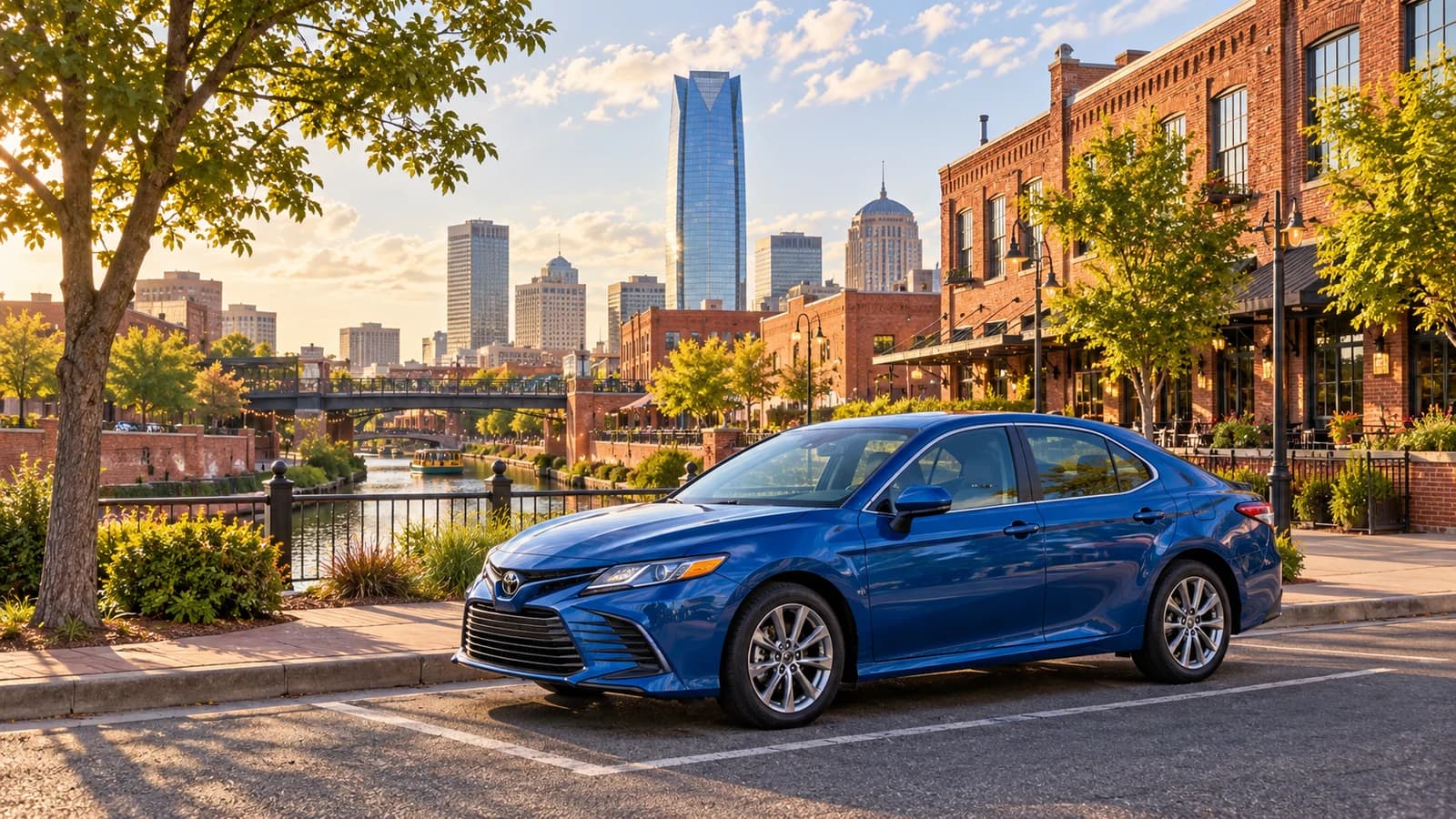 Oklahoma City travel illustration showing a blue rental sedan in a paved parking bay beside Bricktown canal buildings and the city skyline.