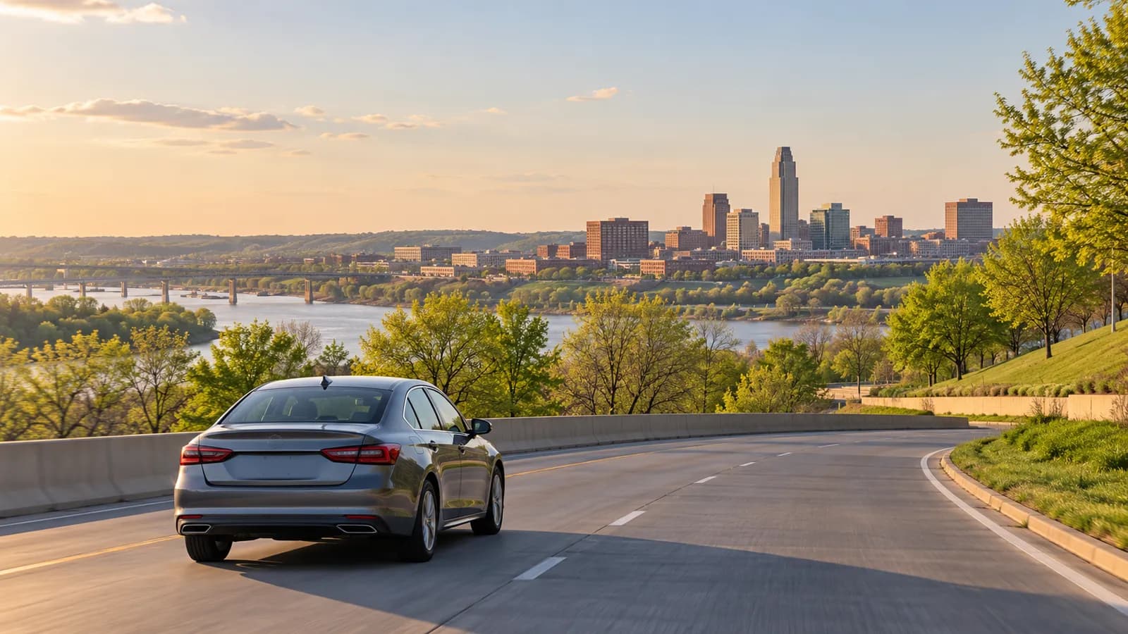 Omaha rental car illustration with an unbranded car and a distant river-valley skyline.