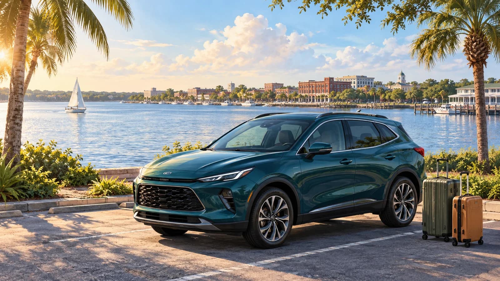 Sanford travel illustration with a teal rental vehicle and two suitcases beside Lake Monroe, palms and historic Florida waterfront buildings.