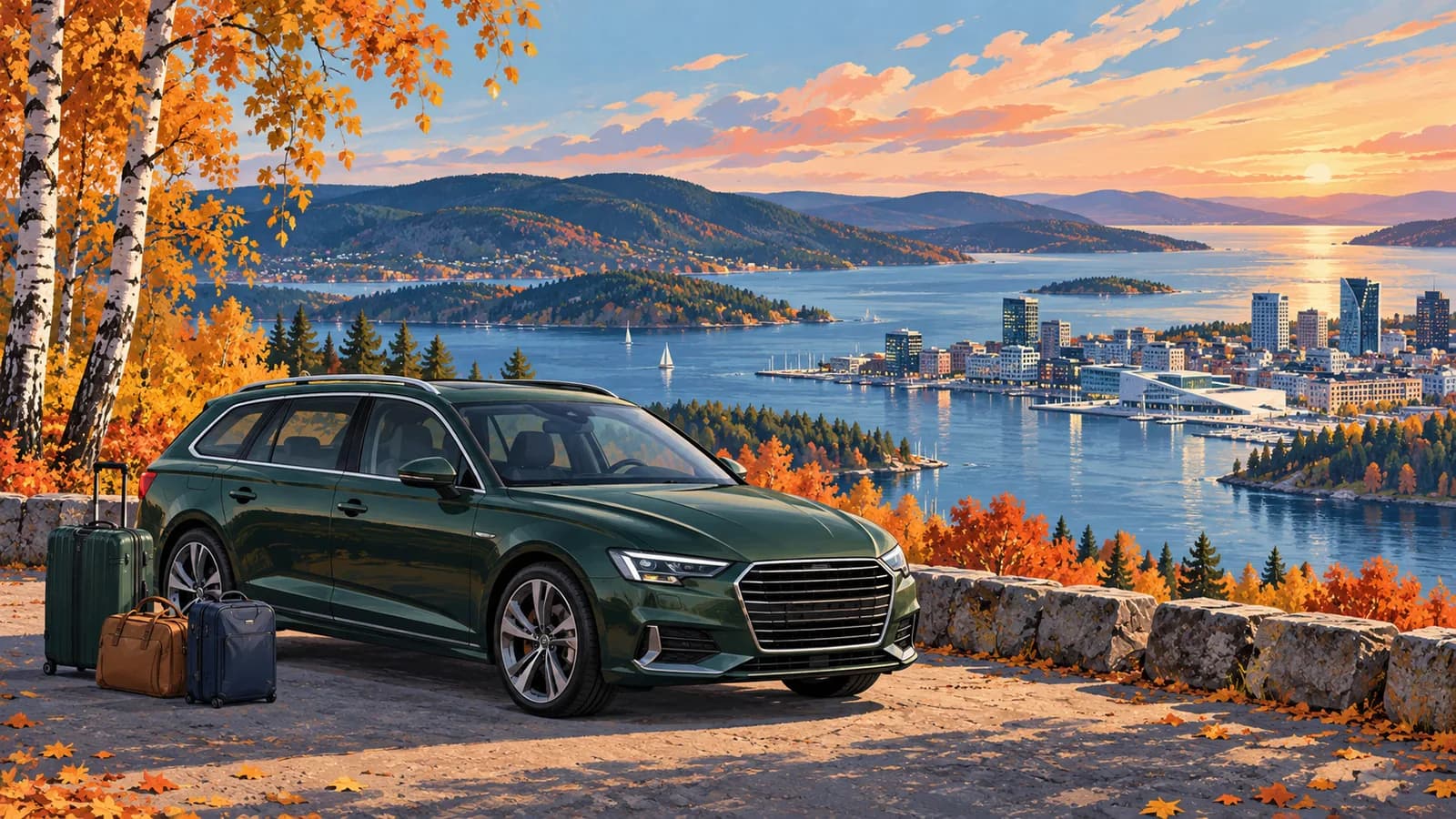 Conceptual Oslo travel illustration showing a forest-green estate car and luggage above the fjord, wooded hills and distant city waterfront.