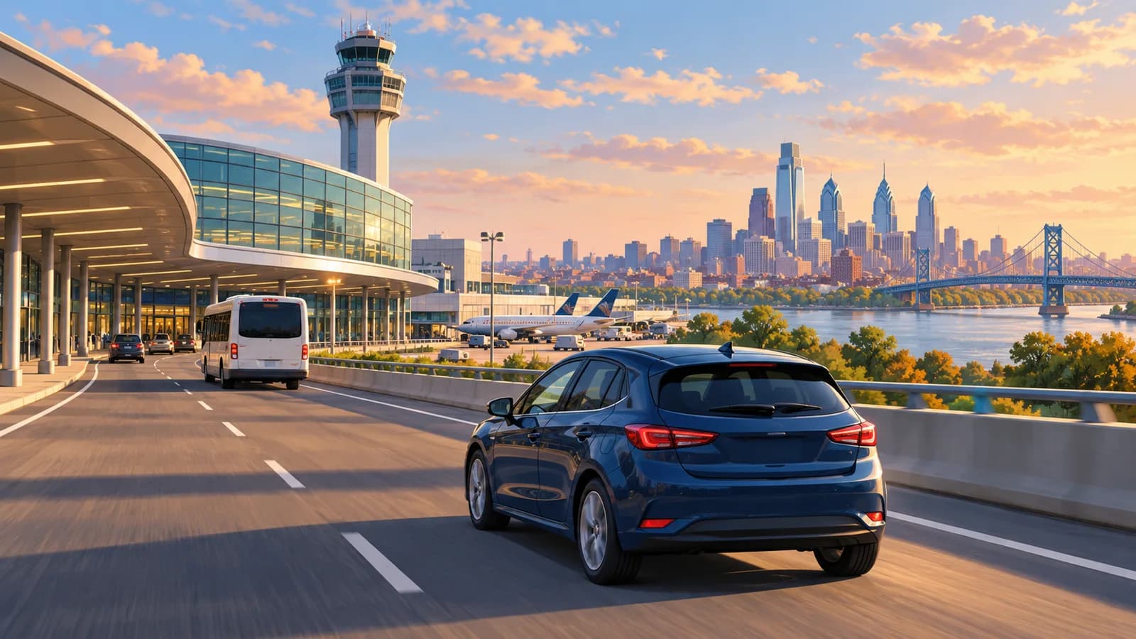 Conceptual Philadelphia travel illustration showing a navy rental car on an airport access road beside a terminal and shuttle, with the city skyline beyond.