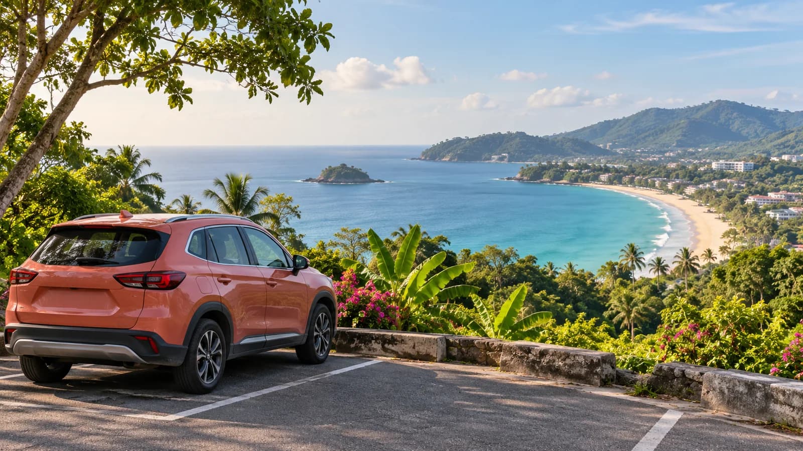 Phuket travel illustration with a coral SUV at a marked hillside viewpoint overlooking an Andaman beach.