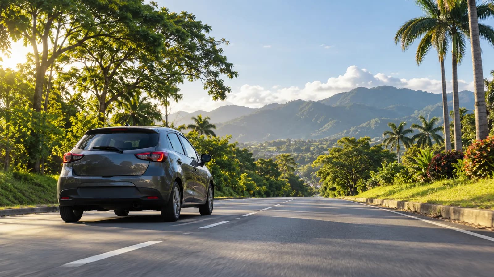 Piarco Airport car rental illustration showing an unbranded car on a lush Trinidad access road.