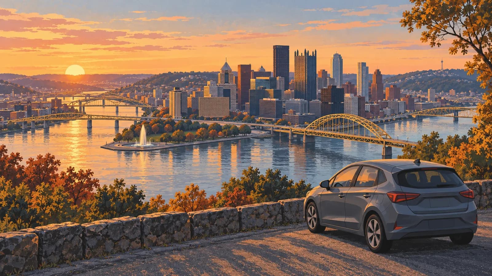 Pittsburgh car rental illustration showing an unbranded car above the rivers, bridges and city skyline.