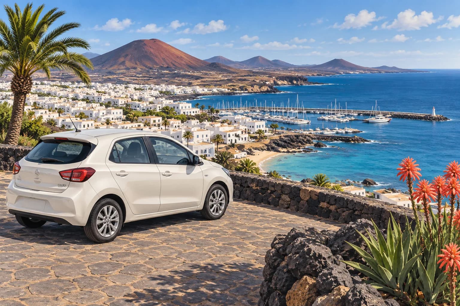 Playa Blanca car hire illustration showing an ivory rental compact at a paved Lanzarote coastal lookout above white houses, a marina and a volcanic mountain.