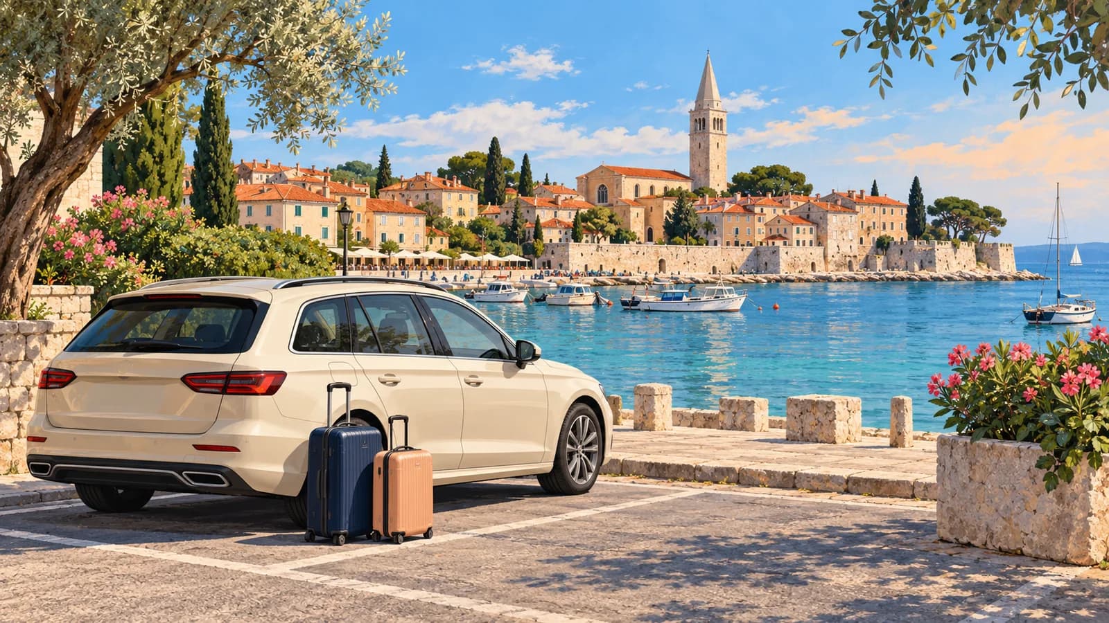 Conceptual Poreč travel illustration of a cream estate car and suitcases beside a paved waterfront, with old-town roofs and a basilica bell tower beyond.