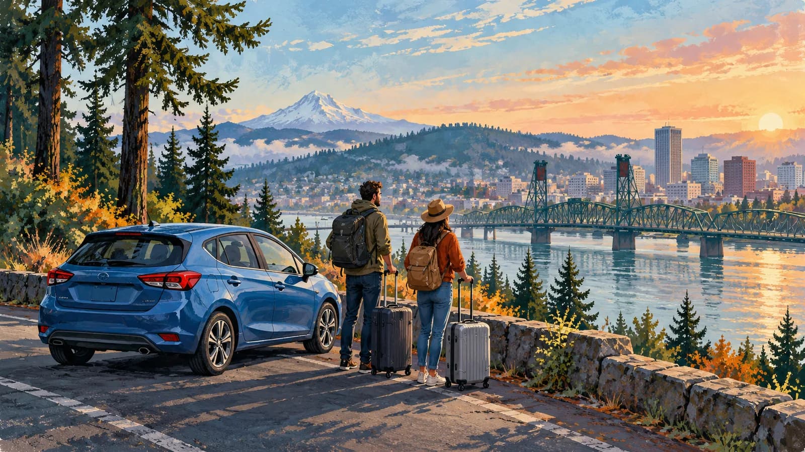Portland travel illustration showing a blue rental hatchback, two travellers with luggage, a river bridge and wooded Oregon hills.