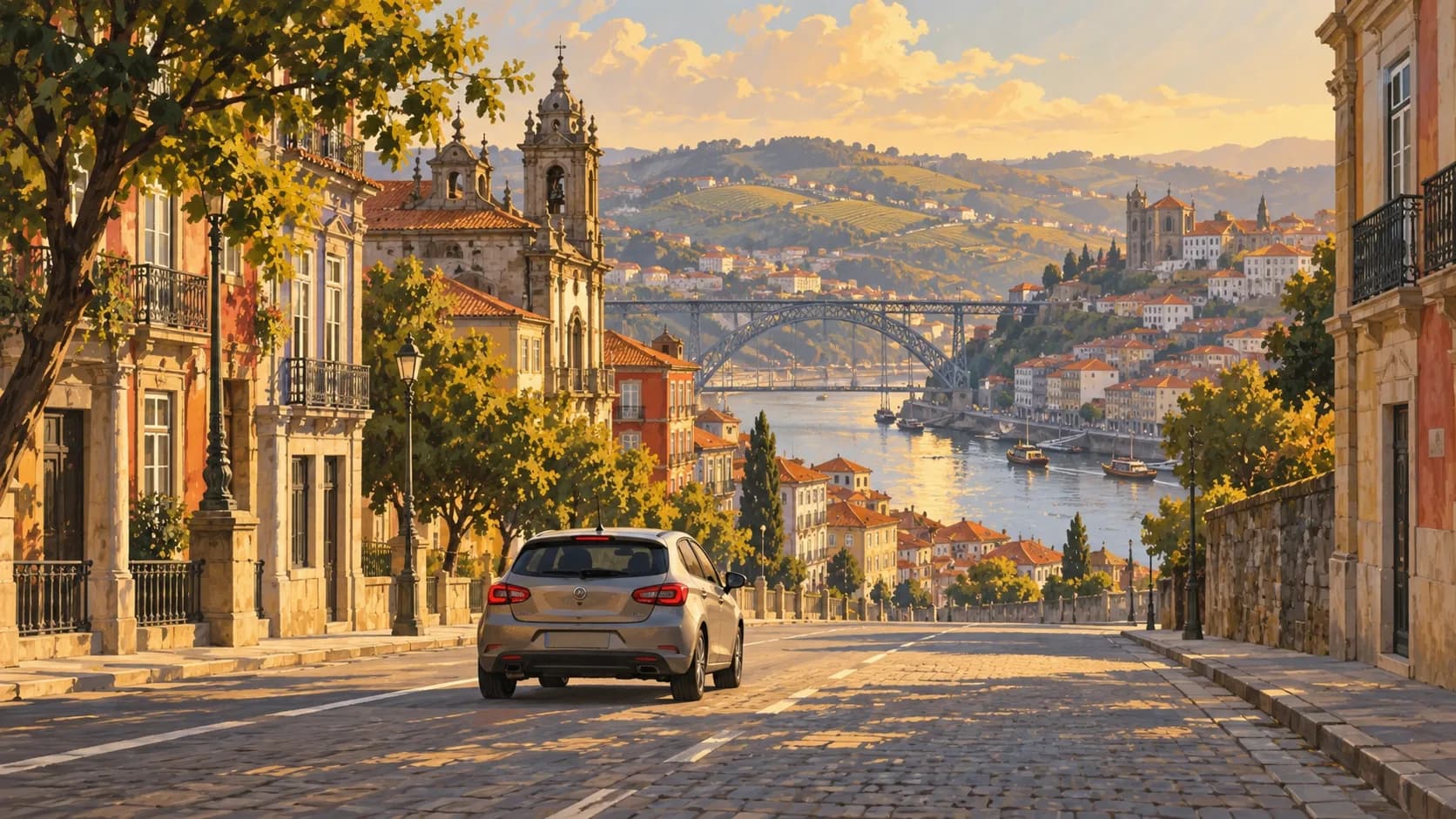 Car hire illustration showing car on a Porto street above the Douro, with city rooftops and bridge.