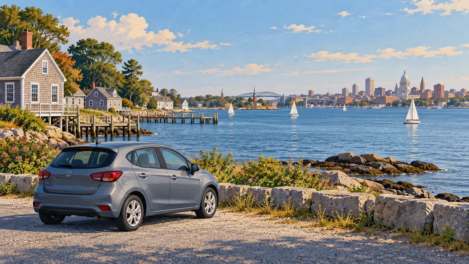 Providence TF Green car rental illustration showing an unbranded car beside Narragansett Bay and distant sailboats.