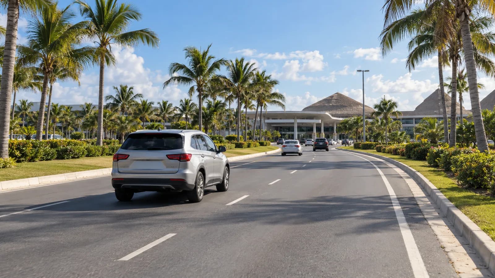 Punta Cana Airport car rental illustration of an unbranded SUV on a palm-lined access road.