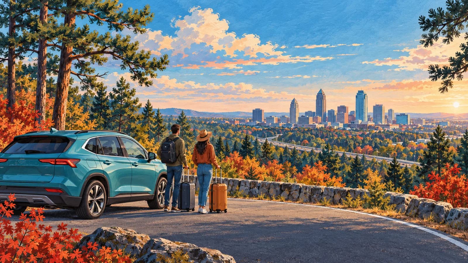 North Carolina travel illustration showing a teal rental SUV, travellers with luggage and an autumn woodland road near the Triangle.